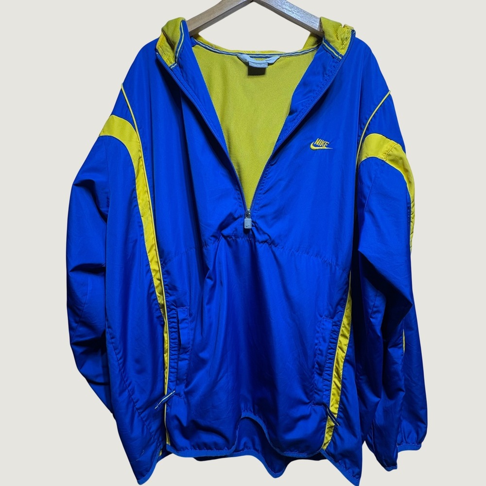 Nike Windbreaker Jacket Mens XXL Blue Yellow Half Zip Hooded Mesh Lined Swoosh‎